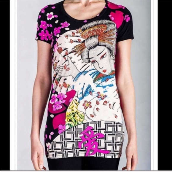 Callie Lives Tops - Callie Blossom: Rhinestone Asian Cherry Geisha Tee